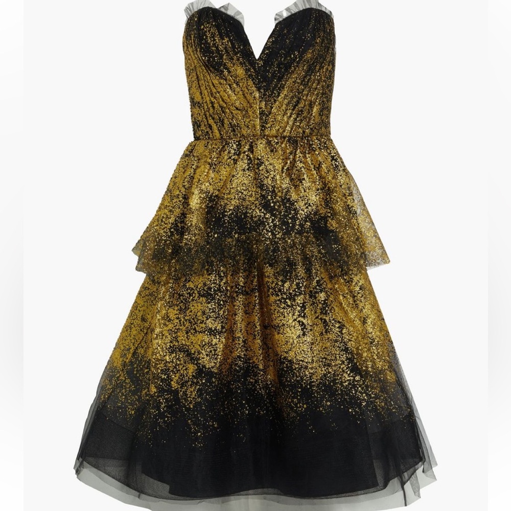 Marchesa Notte Strapless Tiered Glittered Tulle Midi Dress